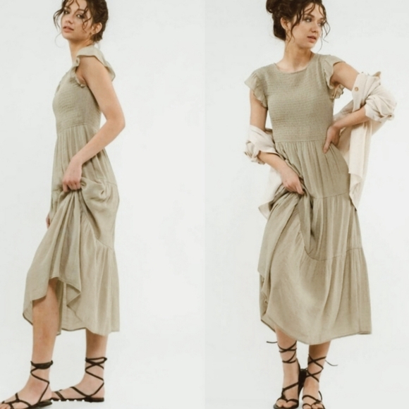 [ Roolee Boho Minimalist Modest Light Olive Green Smocked Ruffled Midi Dress ] - Picture 3 of 15